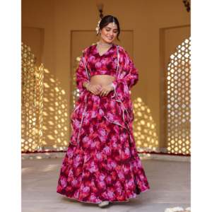 Conjunto de Lehenga de Chifón Transpirable con Estampado Floral de Vino, Talla XS, para Mujer - Product Image 2