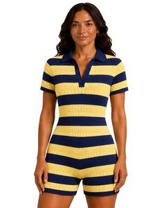 Combinaison en tricot rayée bleu marine et jaune citron pour femme, manches courtes, col polo, été, décontractée, une pièce, coupe ajustée, personnalisée - Product Image 1