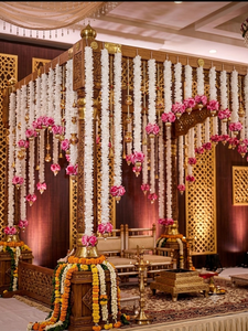 Guirlande de fleurs artificielles faites à la main pour décoration de mariage indien, avec jasmin blanc, mogra, rose rose et perles dorées, pour festivals - Product Image 5