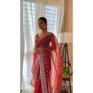 LOOK RICH ORGANZA SOIE BRODERIE COUPE FILETÉE TRAVAIL SAREE AVEC CHEMISIER COUDU ROUGE - Product Image 1