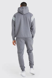 <b>Mens</b> Solid Grey with Contrast Light Grey Panels Custom Logo <b>Pullover</b> Hoodie and Matching Jogger Sweatpants Tracksuit OEM ODM - Product Image 2