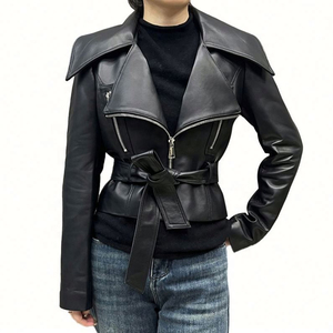 Women's Genuine Leather Moto Jacket With Belted Waist Slash Neck <b>Zipper</b> Closure Full Sleeve Autumn Style Customized design - Product Image 4