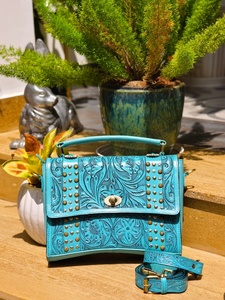 Hot Selling Vintage Fashion Western Handmade Geometric Genuine Leather Crossbody Purse Two Straps Compact Women <b>Water</b> Resistant - Product Image 3