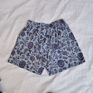 men's Frill Pajama Set Powder Blue Deep Purple Violet Floral Block Print Cotton Button Hem <b>Elastic</b> Waist Tonal Boho Shorts - Product Image 3