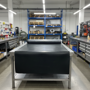 Table d'atelier industrielle avec rouleau de feuille de caoutchouc noir sur plan de travail métallique dans un environnement d'usine propre avec étagères à outils - Product Image 1