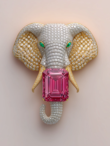 Broche Tête d'Éléphant Plaqué Or Incrustée de Diamants, Yeux d'Émeraude, Pierre Rose Taille Émeraude, Bijou Unisexe Formel - Product Image 2