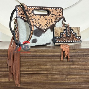 Nuevo Bolso de Lujo de Gran Capacidad de Cuero Genuino Grabado a Mano con Cremallera y Flecos, Tipo Bandolera, con Cartera Bifold y Clutch, Set de Dos Piezas - Product Image 1