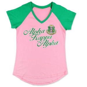 T-shirt Raglan Rose et Vert Personnalisé Col V Manches Courtes Décontracté Sportswear Tenue d'Équipe Vêtement Tendance Haut - Product Image 1