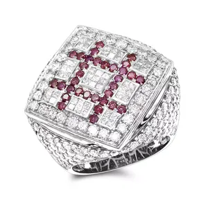 EtherStar 3.50ct Lab Grown Diamond Luxury <b>Mens</b> <b>Ring</b> Gold <b>Ruby</b> Lattice Square Halo Pave Signet Pinky Band - Product Image 2