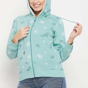 Sudadera con capucha y cremallera para mujer, color verde menta, estampada, informal, de forro polar suave, para uso diario, chaqueta de moda de invierno - Product Image 4