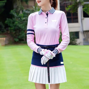 Women's Golf Long Sleeve Polo Shirt Pleated <b>Skirt</b> Set Quick-Dry Stripe Collar Sportswear Suit Wholesale OEM Custom Logo - Product Image 5