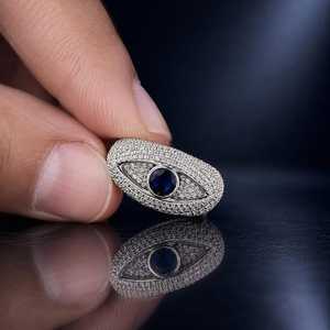 925 Sterling <b>Silver</b> Blue Sapphire Diamond <b>Ring</b> Pave Set Luxury Round Center Stone <b>Statement</b> Jewelry Hip Hop <b>Ring</b> - Product Image 5