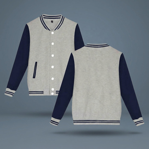 Veste universitaire unisexe en laine grise marine à col montant, style preppy, boutonnée sur le devant, en tricot de polyester et coton, pour l'automne - Product Image 4