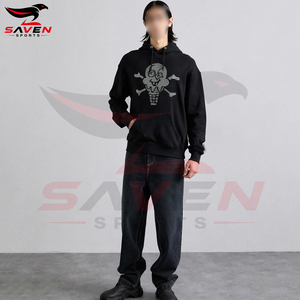 Sudadera con capucha de forro polar para hombre, personalizada al por mayor, de gramaje alto, negra, con pedrería, de corte holgado, con estampado gráfico de calavera de helado, tipo jersey - Product Image 5