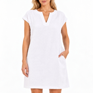 Robe midi décontractée d'été en lin et coton blanc, à manches courtes, col en V, coupe trapèze, respirante - Product Image 2
