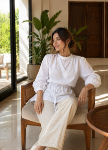 Custom OEM Women Linen/Cotton Blouse Long Sleeve Drawstring Waist Top Crew Neck Woven <b>2</b>-<b>Piece</b> <b>Set</b> Wholesale - Product Image 5