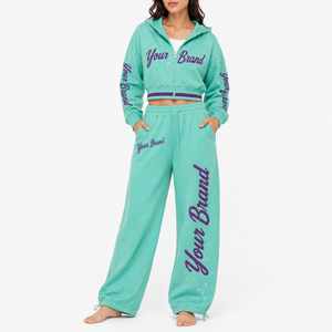 Custom Women's Cropped Zip Hoodie Wide Leg Sweatpants Set Rhinestone <b>Star</b> Graphic Print Casual Streetwear Matching Outfit - Product Image 3