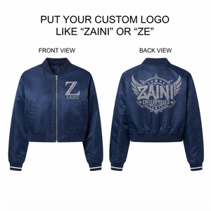 <b>Women</b> Crop <b>Top</b> Bomber Jacket Premium Polyester Satin 120 GSM <b>Navy</b> Blue Ribbed Cuffs Custom Rhinestone Logo Zip Front Streetwear - Product Image 1
