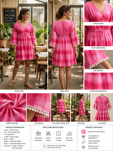 Tie Dye Rayon <b>Kaftan</b> Dress Boho <b>Summer</b> Mini Dress V Neck Flare Sleeve Drawstring Waist Pink Women Wear - Product Image 5