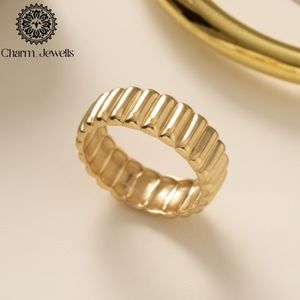 Charm Jewells Women's Engagement 10K Gold Plated Ribbed <b>Band</b> <b>Ring</b> with Moissanite Prong Setting IGI Certified - Product Image 1