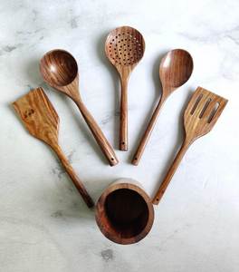 Vintage Style <b>Natural</b> Wooden Cooking Utensils Set With holder 6 Piece Rustic Wooden Kitchen Cooking Accessories At Best Price - Product Image 2