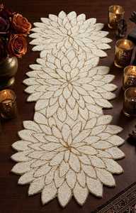 Handmade Knitted Beaded <b>Table</b> <b>Runner</b> Ivory Gold Solid Stripe Pattern Elegant Polyester Cotton Home Decoration - Product Image 2