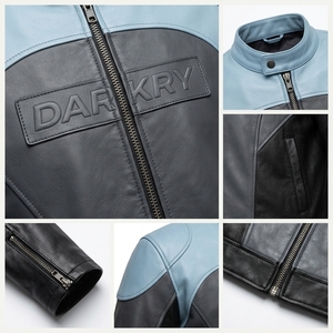Veste en cuir pour homme sur mesure OEM, bleu clair, gris, noir, tricolore, style motard, en cuir de vachette, vente en gros, fournisseur d'usine - Product Image 6