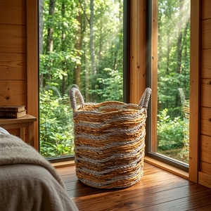 Panier de rangement en fibres naturelles, panier tressé artisanal, corbeille à linge, organisateur tressé bicolore artisanal balinais, décoration bohème pour la maison - Product Image 3