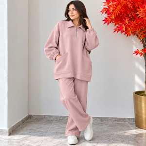 Ensemble survêtement décontracté pour femme, écologique, respirant, couleur unie, sweat-shirt oversize à demi-zip et pantalon large, coupe ample - Product Image 3