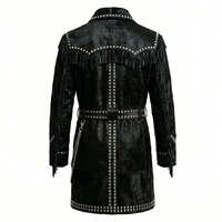 Manteau long en cuir véritable noir à franges et cloutures pour homme, style western, vente en gros, fournisseur