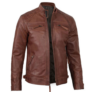 Veste moto en cuir véritable marron pour homme, col montant, fermeture éclair, coupe ajustée, longueur standard, pour l'automne - Product Image 1