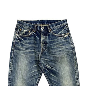Pantalones de mezclilla de corte de bota, de marca privada, estilo holgado, con dobladillo, desgastados, con botones, lavados, para otoño - Product Image 3
