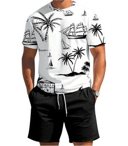 Camiseta blanca con estampado tropical de palmeras negras y veleros, camiseta de verano con diseño náutico inspirado en islas. - Product Image 1