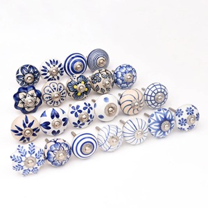 Handmade Round Purple and <b>White</b> Leafy Pattern Ceramic <b>Knobs</b> Wardrobe Dresser Drawers Kitchen <b>Door</b> Handle for Home - Product Image 3