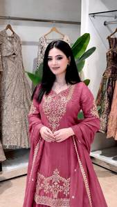 Brown Embroidered Silk <b>Indian</b> Pakistani Set Long Sleeve Anarkali <b>Kurta</b> Palazzo Dupatta Wrinkle Free Festive Formal Wear - Product Image 5