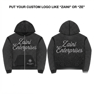 400 GSM Premium Cotton Polyester Fleece Black Panel Sweatshirt Rhinestone Custom Logo Zip Hoodie - Product Image 1