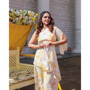 Conjunto de Kurta de Chifón Amarillo Tulipán con un Hombro Descubierto, Transpirable, para Primavera/Verano, Talla XS, Ropa Casual para Mujer - Product Image 4