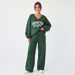 Ensemble de survêtement décontracté vert pour femme, col en V, coupe ample, imprimé, manches longues, en molleton de coton, pantalon oversize - Product Image 1