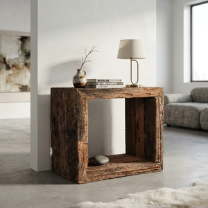 <b>Rustic</b> Reclaimed Wood Open Cube Side <b>Table</b> Weathered <b>Wooden</b> Block End <b>Table</b> Natural Timber Bedside Nightstand Accent Furniture - Product Image 3