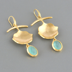 18K gold plated unique dangle drop <b>earrings</b> aqua chalcedony briolette oval stone handmade brass <b>hook</b> closure bezel set jewelry - Product Image 4