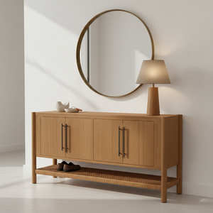 Buffet en bois tressé naturel à 4 portes avec étagère en rotin, meuble de rangement moderne en bois et tissu tressé, pieds ronds - Product Image 3