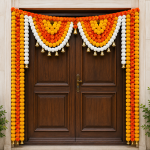Orange Yellow White Marigold Garland Toran with Golden Bells and Ganesha Idol Decorative Entrance Set for Festival Decor - Product Image 2
