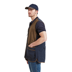 Chaleco de tiro al tirolesa azul marino al por mayor con hombros de gamuza marrón y malla transpirable, chaleco de tiro al lomo de malla con logotipo personalizado para exteriores - Product Image 3