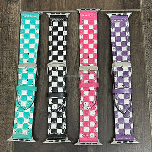Wholesale Fashionable Genuine Leather Apple Watch Band Hand Tooled Checkered <b>Board</b> Design Stylish Replacement Strap for Unisex - Product Image 5