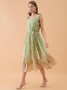 Best Lime Green Floral Print Fit & Flare <b>Dress</b> for Wedding Party Evening Formal Occasion Usage Available at Affordable Price - Product Image 2