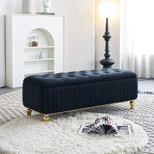 47.24 ''w nero di velluto di stoccaggio ottomana cerniera di sicurezza ricami in oro per la camera da letto uso oro decorazione striscia di oro panca poggiapiedi - Product Image 2