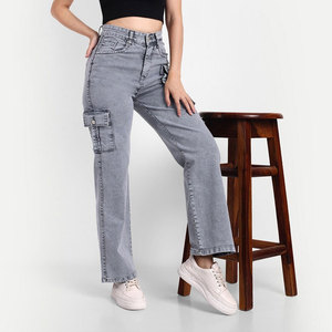 Women High Waist Grey Cargo Denim Jeans Wide Leg Relaxed Fit Cotton Utility Multi Pocket Work Streetwear Pants - Product Image 3