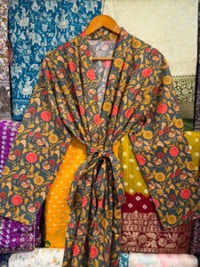 Handmade Cotton Floral Kimono <b>Robe</b>, Oversized Kaftan Dress Sustainable Lounge Wear - Product Image 4