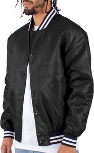<b>Men's</b> Navy Blue Varsity <b>Jacket</b> With <b>White</b> Striped Collar And Cuffs Regular Fit Casual Style Polyester Material - Product Image 5
