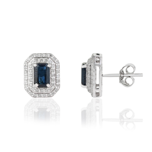 Meilleures ventes : Boucles d'oreilles clous double halo en saphir bleu taille octogonale 6x4mm et diamant taille rond, en or blanc 14K – Fournisseur de bijoux - Product Image 3